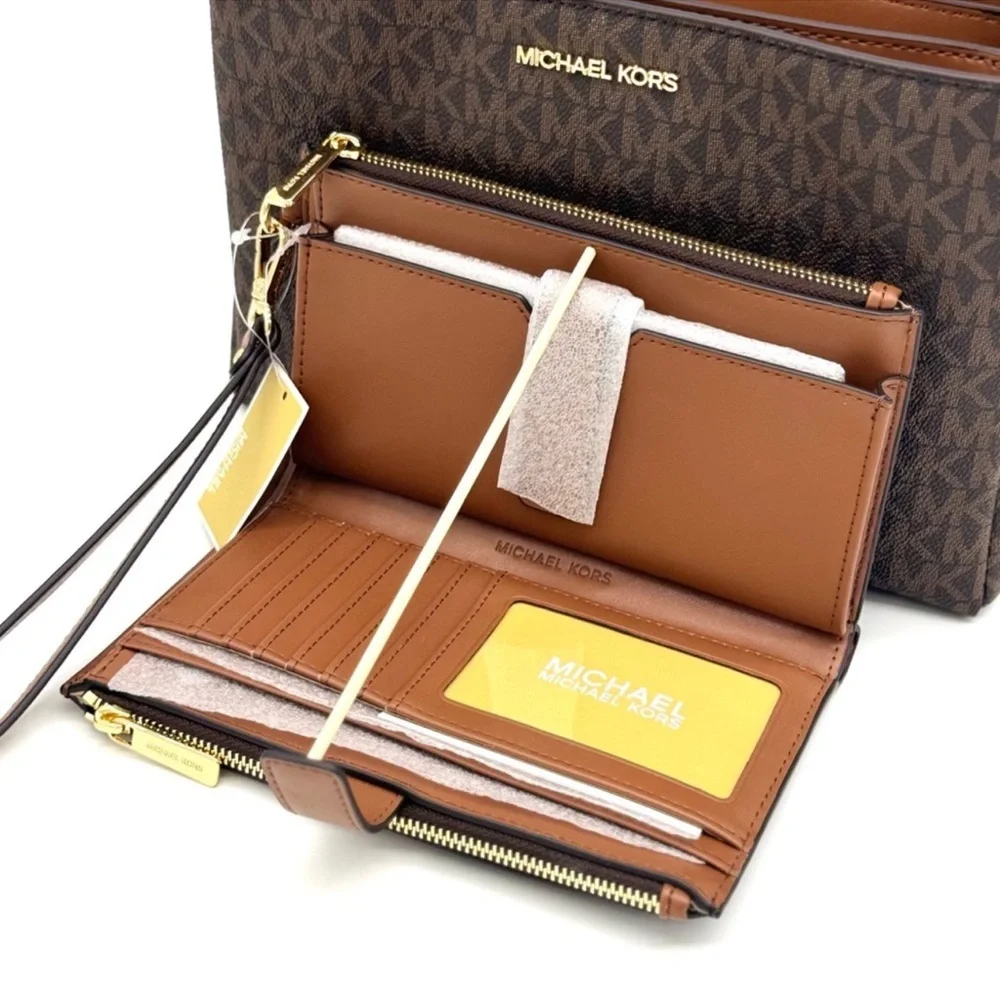 Michael Kors Trisha MD Triple Compartment Bag & Double Zip Wallet Set Brown - Picture 12 of 13